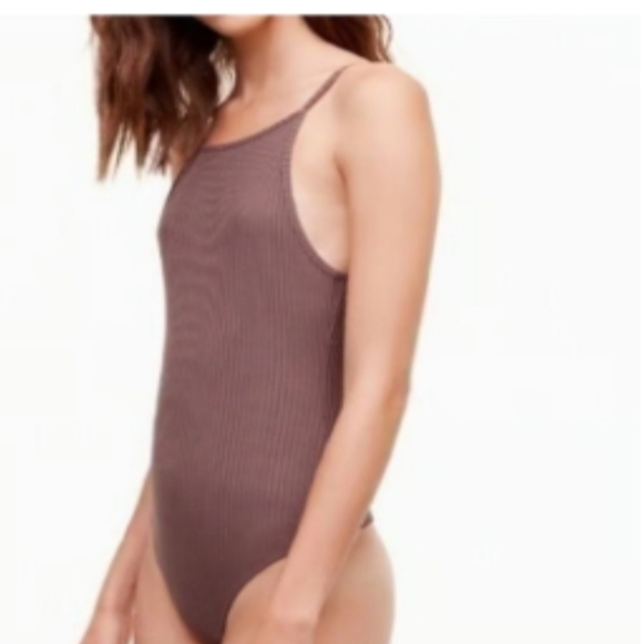 Aritzia Wilfred Annecy Ribbed Thong Spaghetti Strap Bodysuit lavender SZ S - Picture 1 of 9